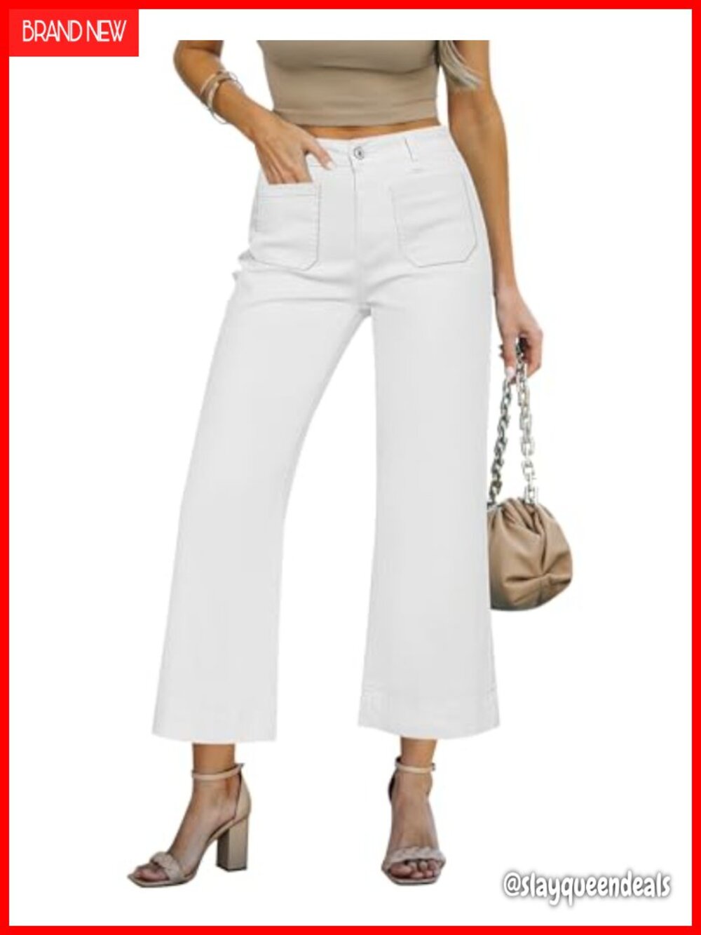 High Waisted Wide Leg Cropped Jeans with Pockets Stretchy Denim Front Patch